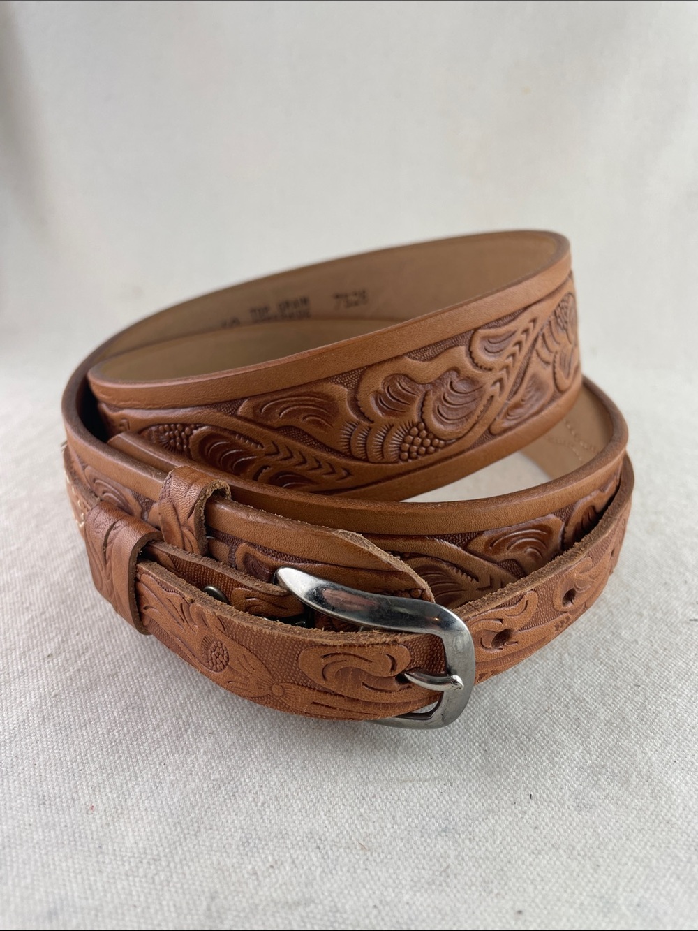 Tooled Leather Floral Belt in Cognac Brown